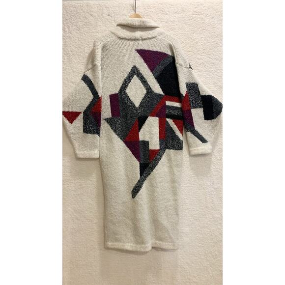 Vintage Long Cardigan with Abstract Geo Pattern Cacoon Style Small Chunky Knit - Picture 2 of 7